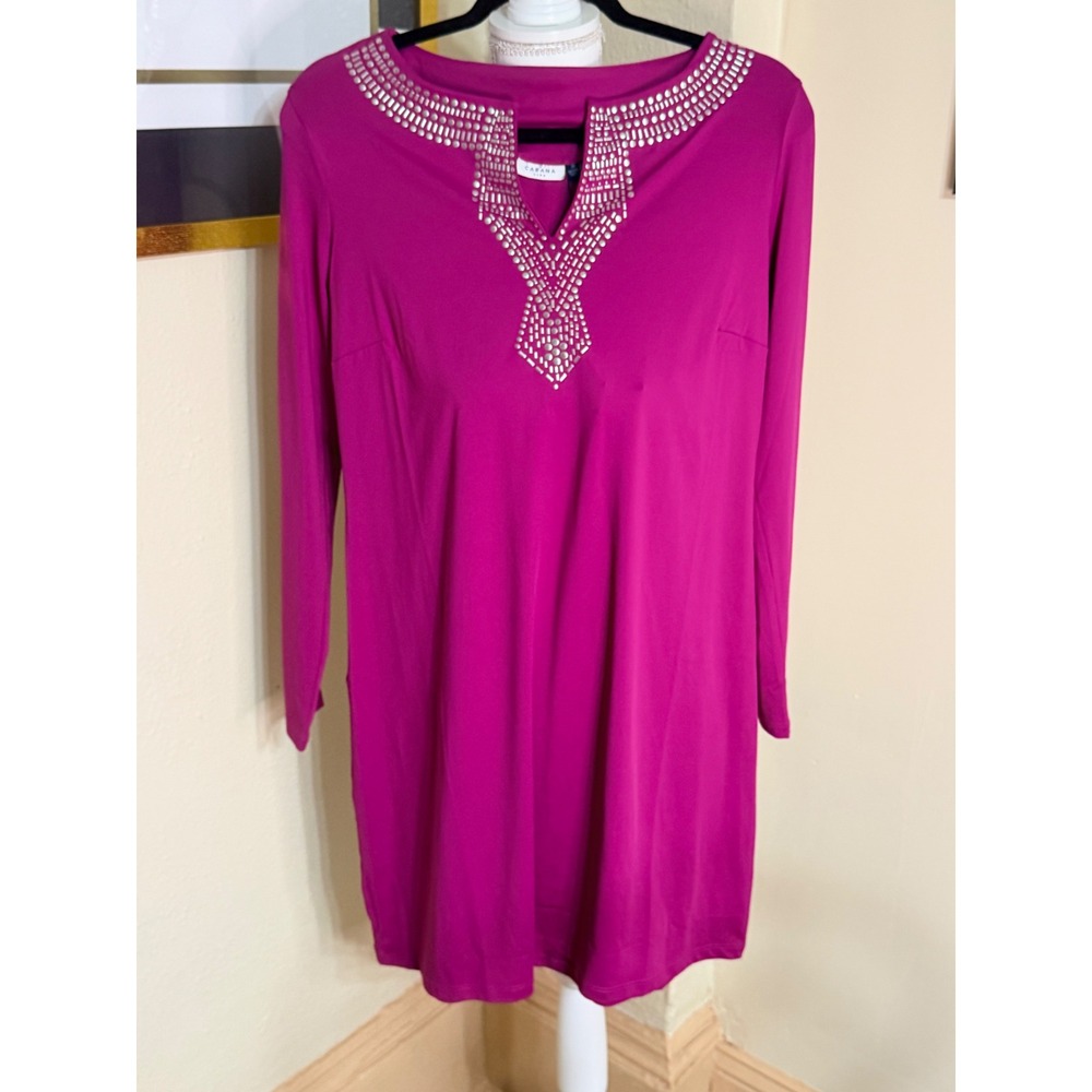 Cabana Life Magenta Pink Studded Split Neck UPF 50+ Long Sleeve Shift Dress M